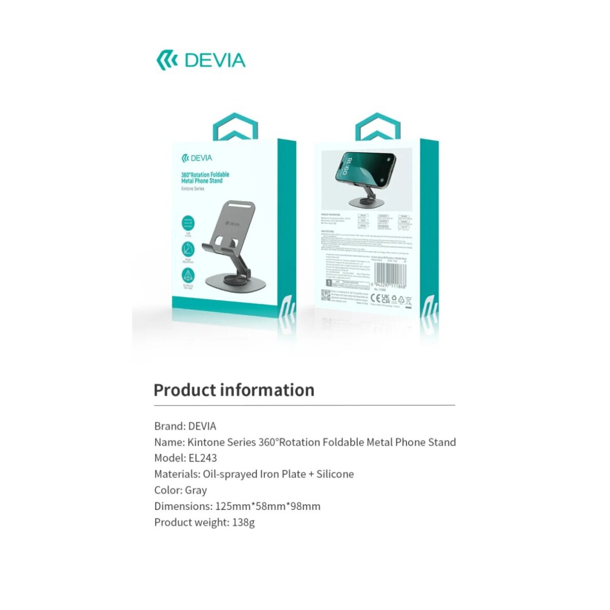 360 DEVIA Sulankstomas stovas mobiliam telefonui/planšetui grey 7