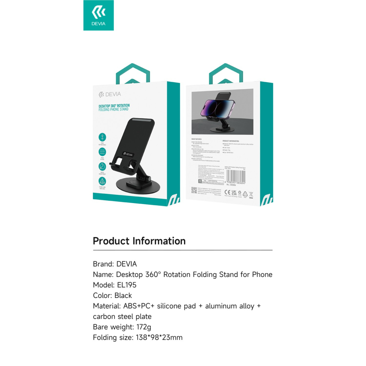 360 DEVIA Sulankstomas stovas mobiliam telefonui/planšetui black 9