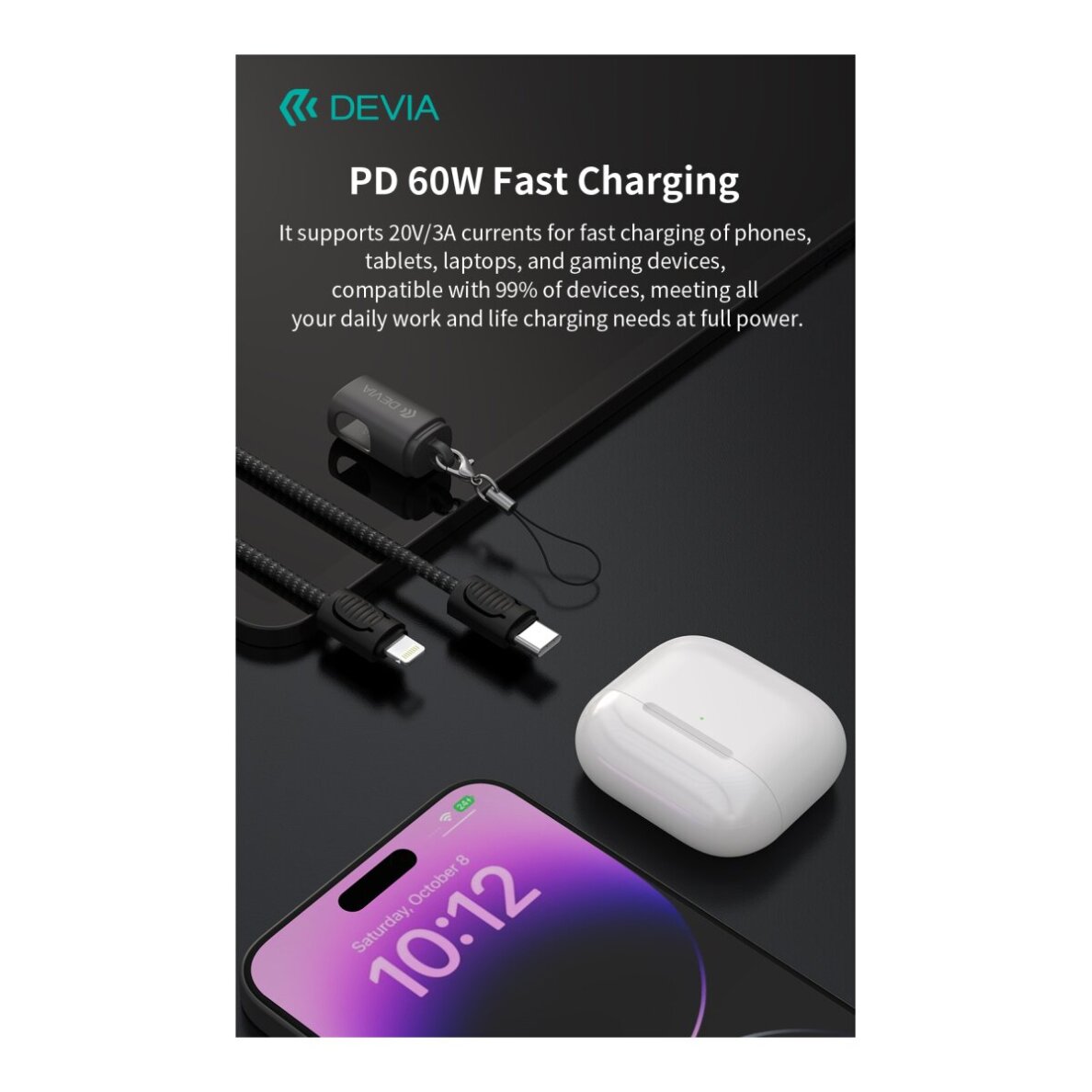 Apyrankė telefonui - laidas black LIGHTNING 60W Devia Cable Ultra10 0.2m 1