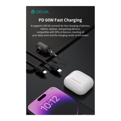 Apyrankė telefonui - laidas black LIGHTNING 60W Devia Cable Ultra10 0.2m 1