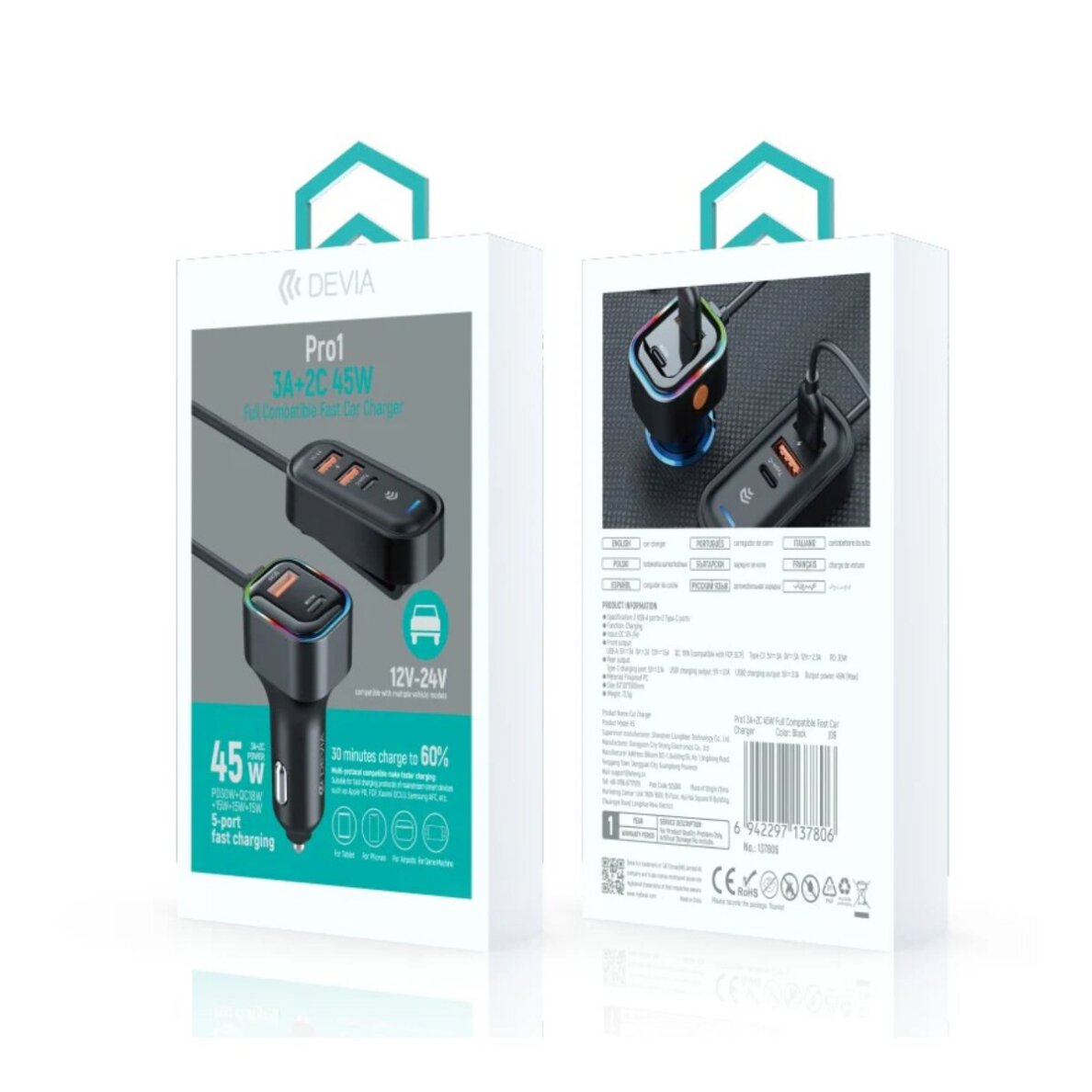 Automobilinis įkroviklis 45W 3xUSB + 2xType-C DEVIA Pro1 K5 1 Automobilinis įkroviklis 45W 3xUSB + 2xType-C DEVIA Pro1 K5 1