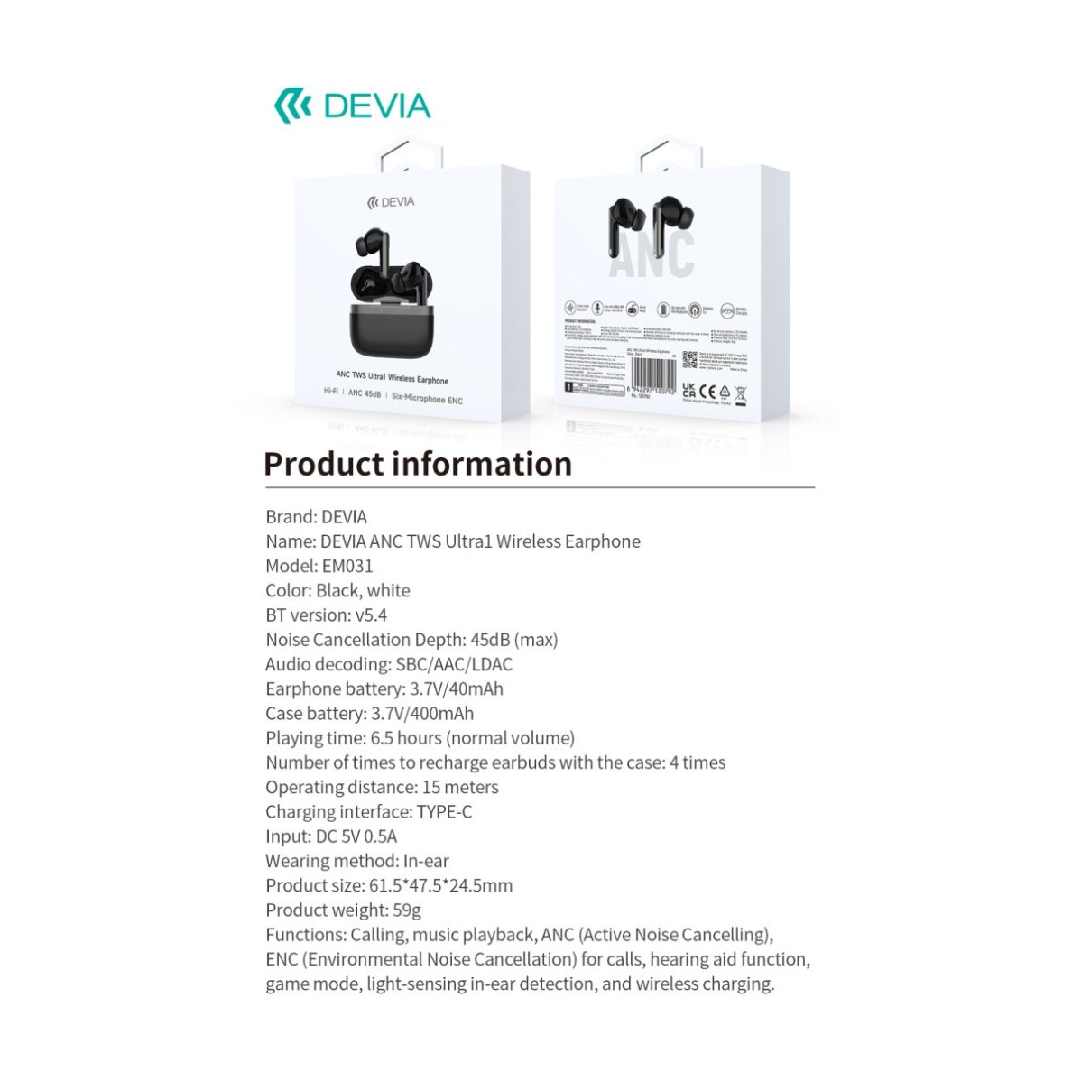 Bluetooth ausinės black Devia ANC TWS Ultra1 EM031 13 Bluetooth ausinės black Devia ANC TWS Ultra1 EM031 13