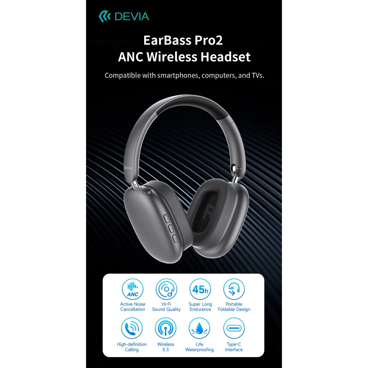 Bluetooth ausinės dark grey Devia EarBass Pro2 ANC EM035 3 Bluetooth ausinės dark grey Devia EarBass Pro2 ANC EM035 3