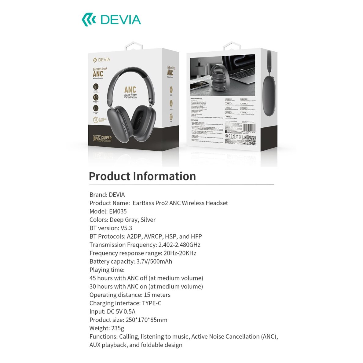 Bluetooth ausinės dark grey Devia EarBass Pro2 ANC EM035 6 Bluetooth ausinės dark grey Devia EarBass Pro2 ANC EM035 6
