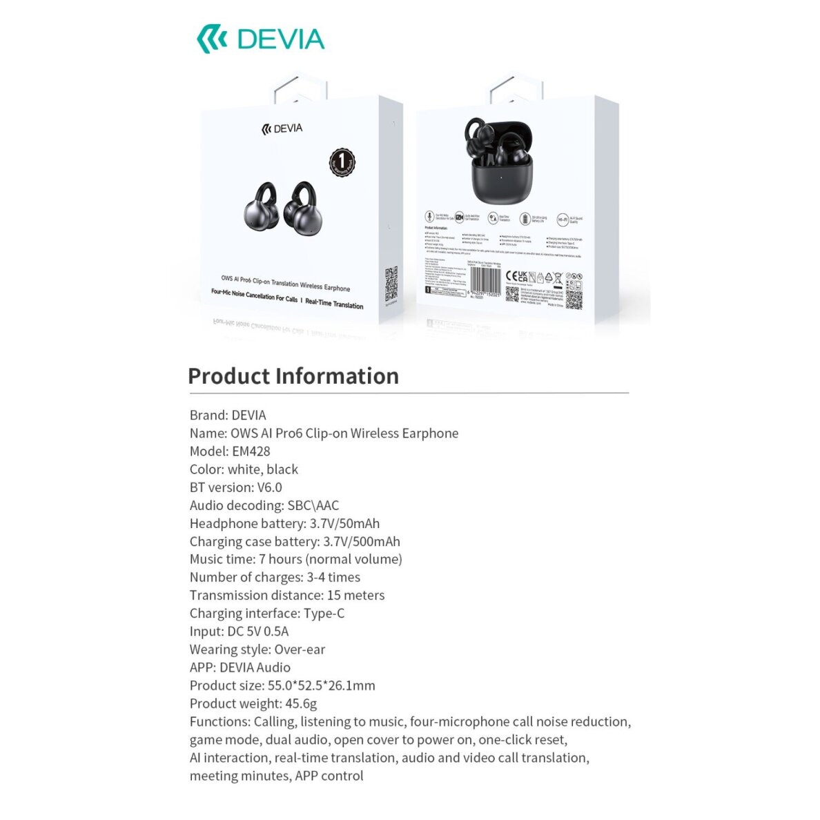 Bluetooth ausinės white DEVIA OWS AI Pro6 Clip-on su vertimo funkcija EM428 19