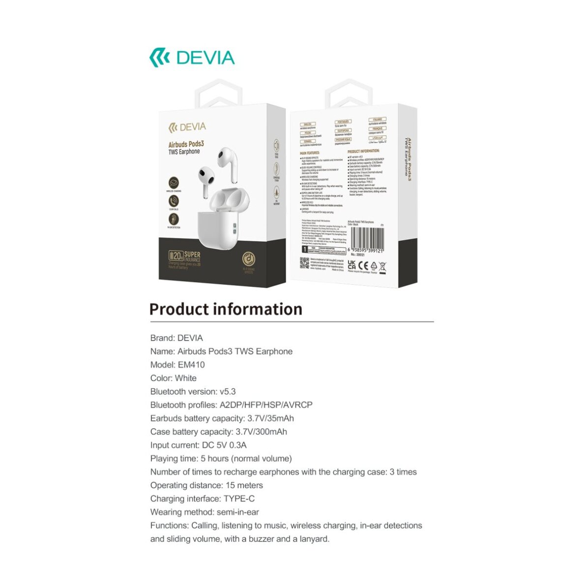 Bluetooth ausinės white Devia TWS Airbuds Pods3 EM410 9 Bluetooth ausinės white Devia TWS Airbuds Pods3 EM410 9