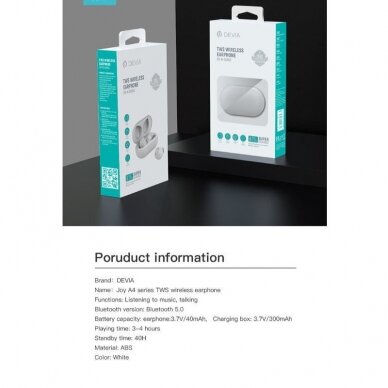 Bluetooth ausinės baltos Devia TWS Joy A6 EM406 2