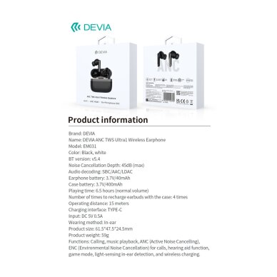 Bluetooth ausinės black Devia ANC TWS Ultra1 EM031 13 Bluetooth ausinės black Devia ANC TWS Ultra1 EM031 13