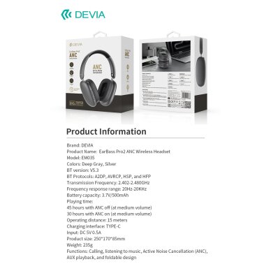 Bluetooth ausinės dark grey Devia EarBass Pro2 ANC EM035 6