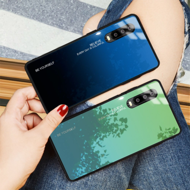 Huawei P30 žalia+melsva tracy GLASS nugarėlė 3