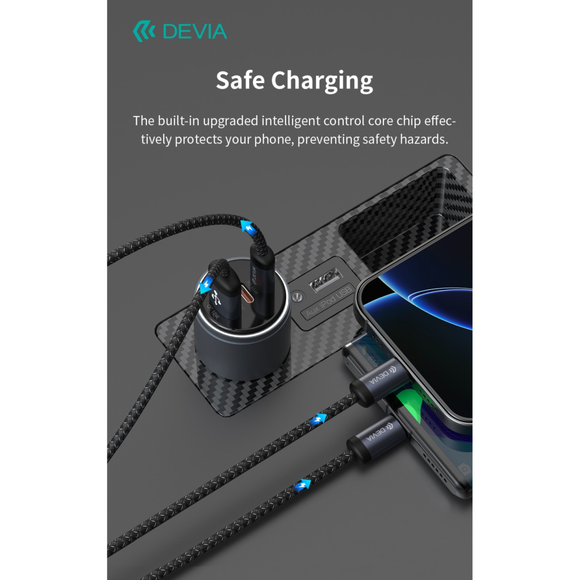 Įkroviklis auto Extreme PD+QC 2xType-C + USB 116W DEVIA 4