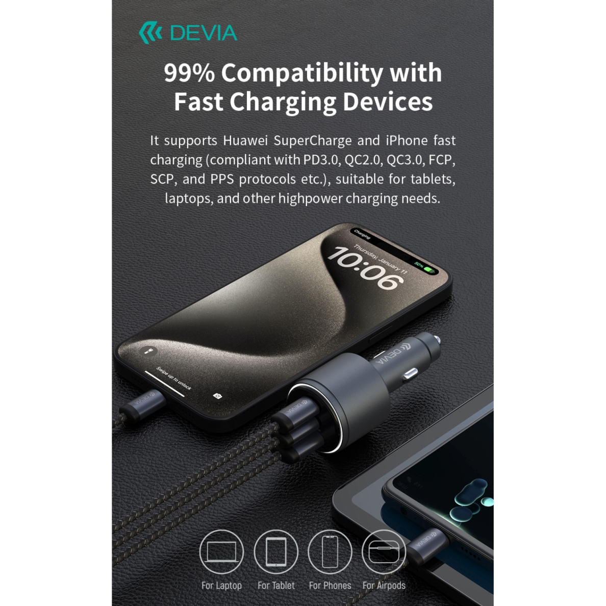 Įkroviklis auto Extreme PD+QC 2xType-C + USB 116W DEVIA 8