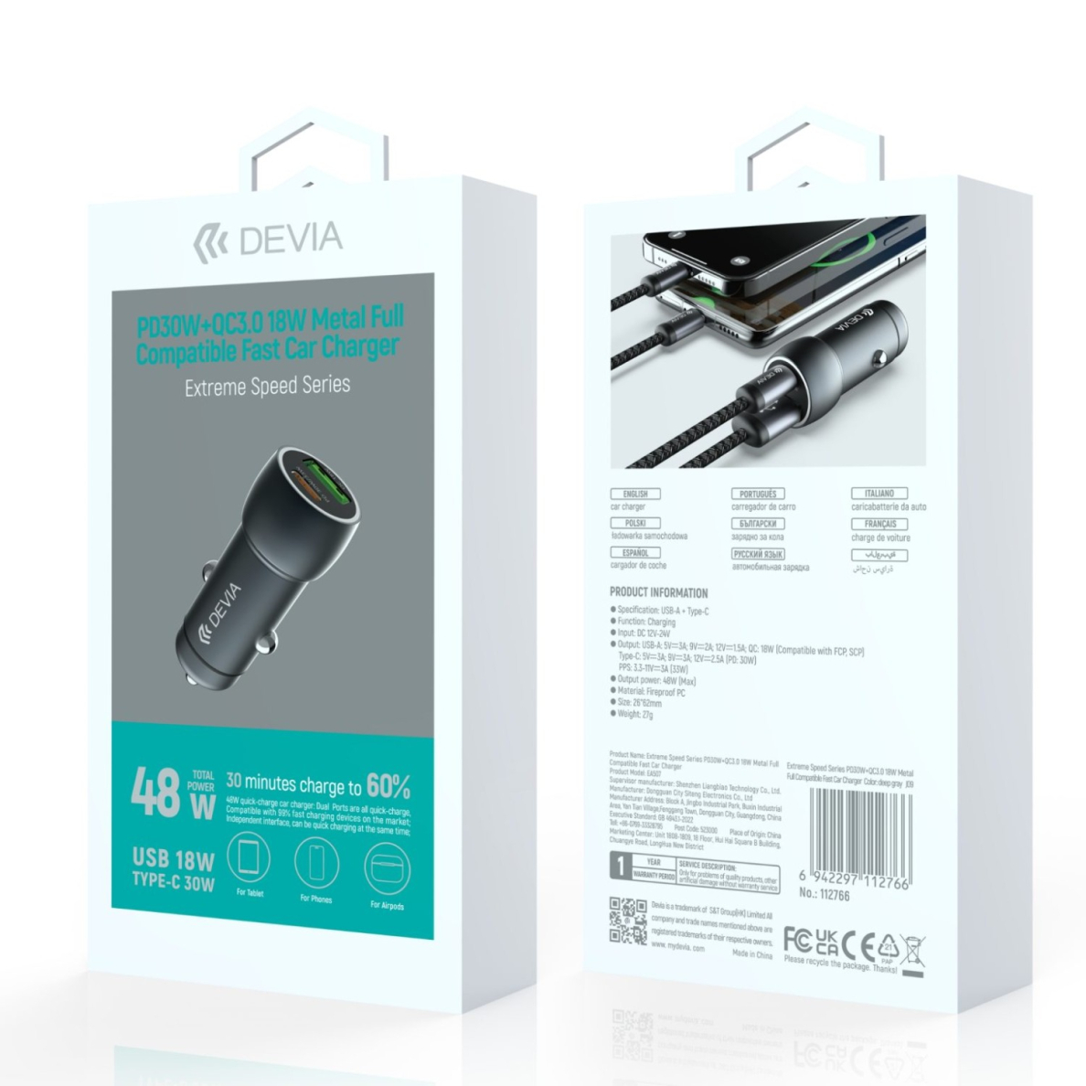 Įkroviklis auto PD+QC Type-C Quick Charge 30W DEVIA 3