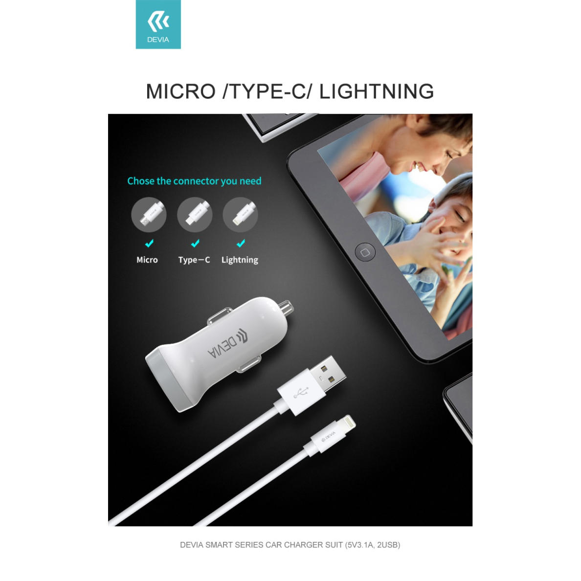 Įkroviklis auto SMART micro usb 3.1A 2USB DEVIA 7