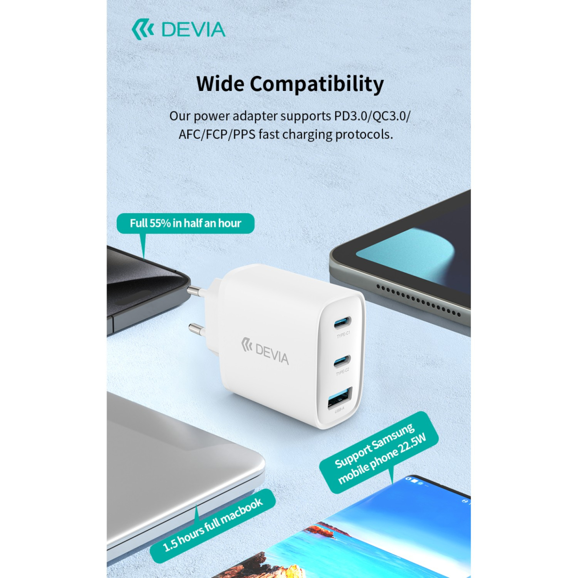 Įkroviklis buitinis su laidu Extreme PD+QC 2xType-C + USB 65W DEVIA 6