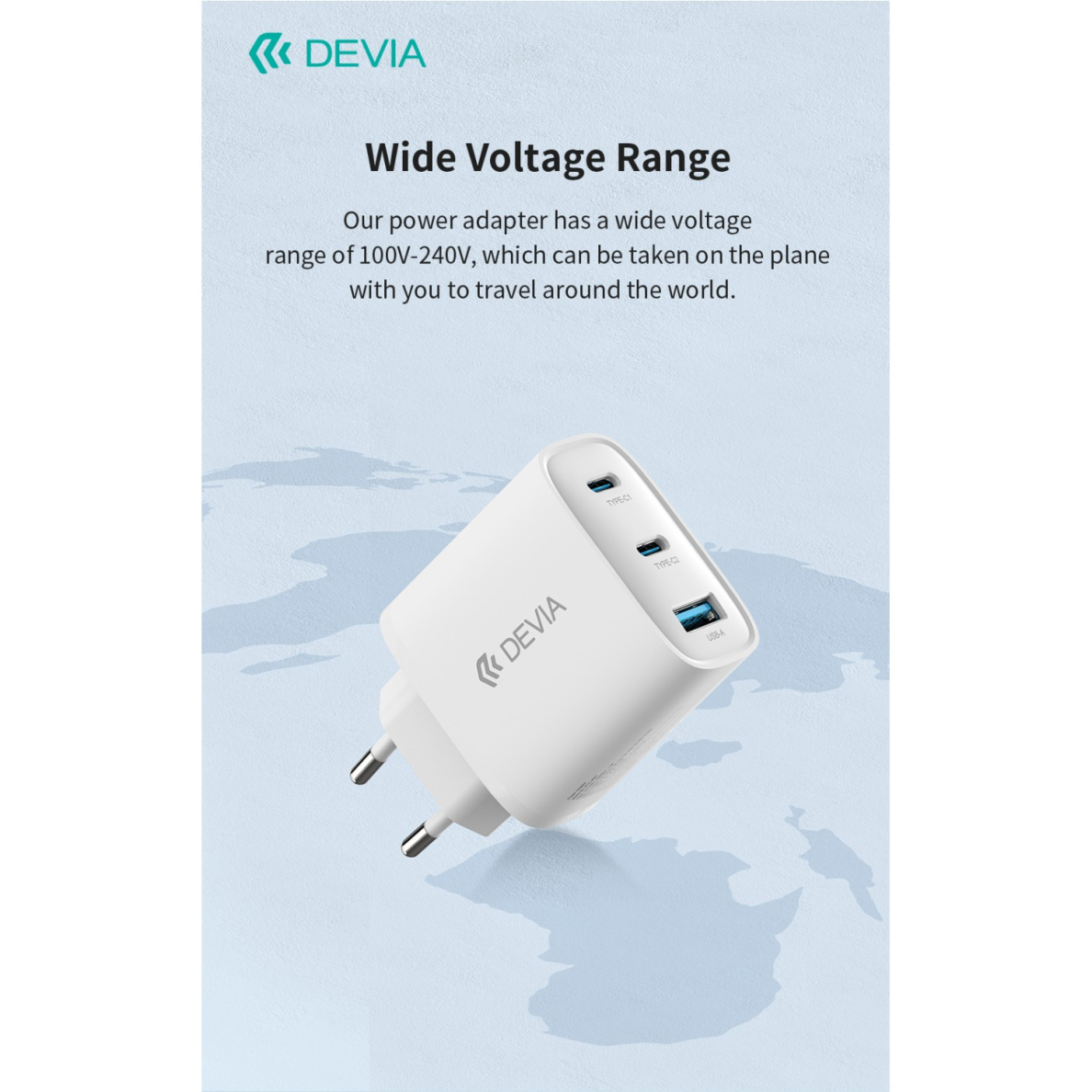 Įkroviklis buitinis su laidu Extreme PD+QC 2xType-C + USB 65W DEVIA 8