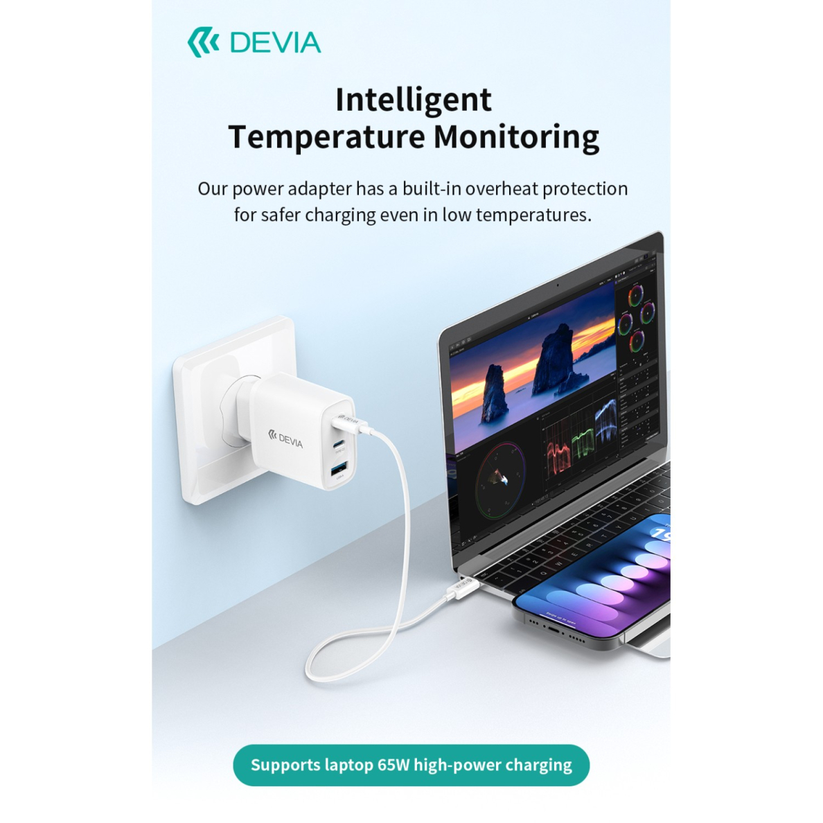 Įkroviklis buitinis su laidu Extreme PD+QC 2xType-C + USB 65W DEVIA 10