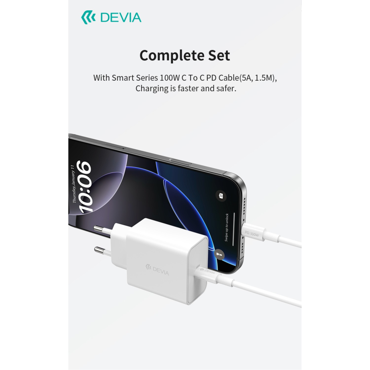 Įkroviklis buitinis su laidu Type-C to Type-C Rocket PD QUICK 45W DEVIA 5