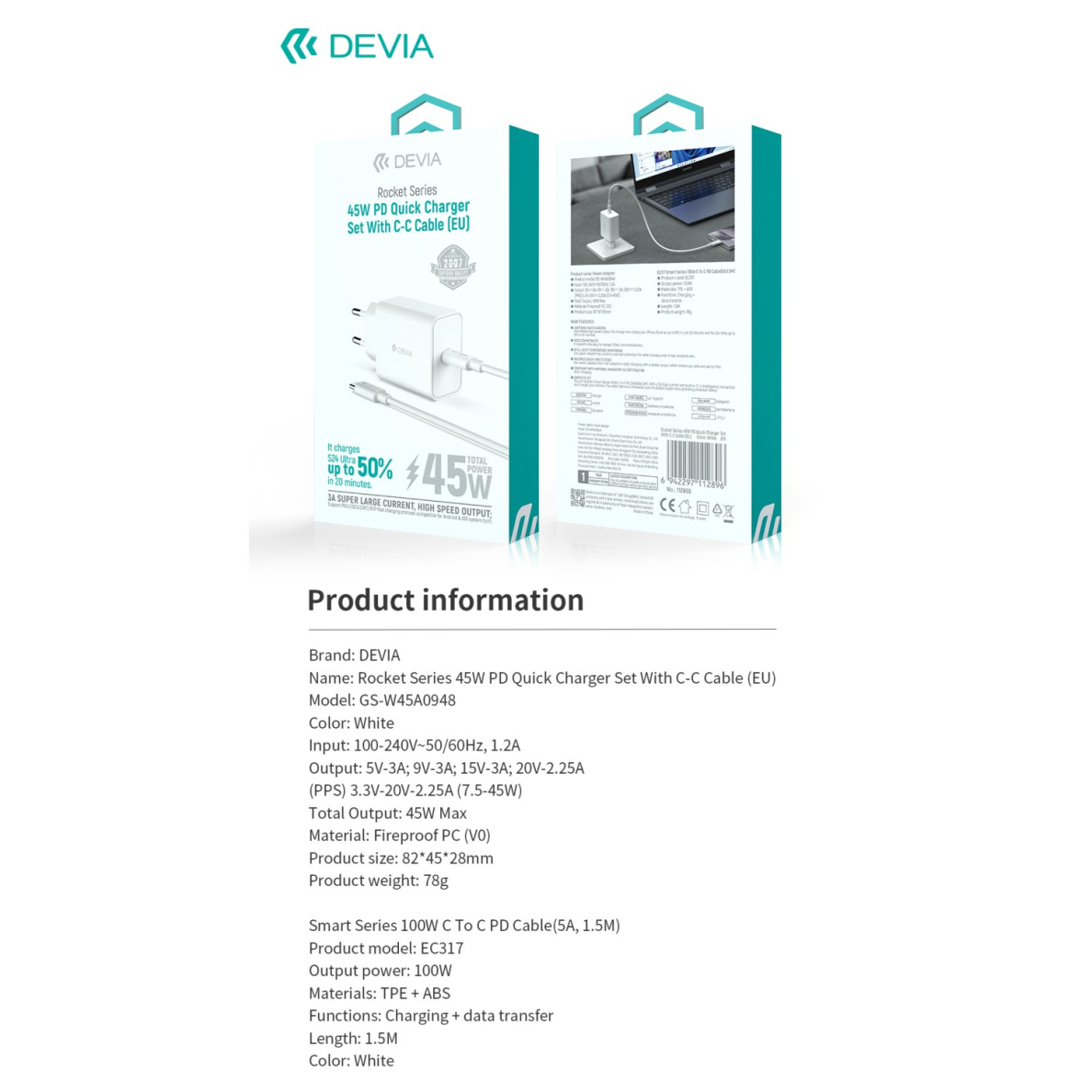 Įkroviklis buitinis su laidu Type-C to Type-C Rocket PD QUICK 45W DEVIA 8