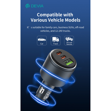 Įkroviklis auto Extreme PD+QC 2xType-C + USB 116W DEVIA 5