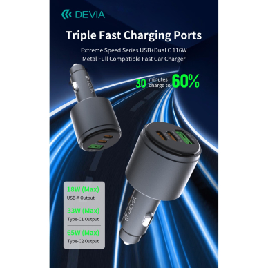 Įkroviklis auto Extreme PD+QC 2xType-C + USB 116W DEVIA 6