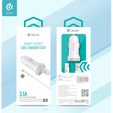 Įkroviklis auto SMART iPhone 5/6/7/8/X/11 3.1A 2USB DEVIA