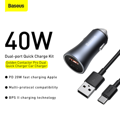 Įkroviklis auto TYPE C + USB PD/QC 4.0 40W 3A BASEUS TZCCJD-0G 10
