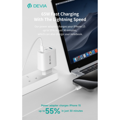 Įkroviklis buitinis su laidu Extreme PD+QC 2xType-C + USB 65W DEVIA 4