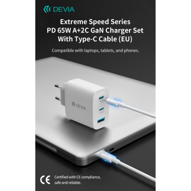 Įkroviklis buitinis Extreme PD+QC 2xType-C + USB 65W DEVIA 3