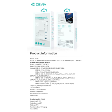 Įkroviklis buitinis Extreme PD+QC 2xType-C + USB 65W DEVIA 13