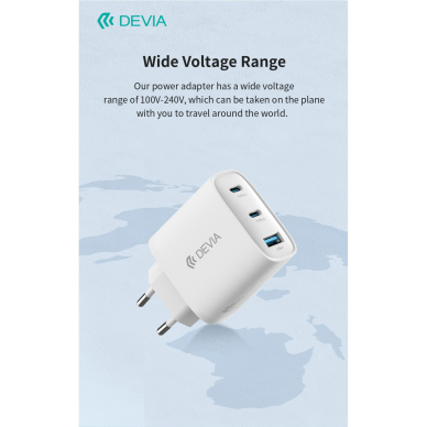 Įkroviklis buitinis su laidu Extreme PD+QC 2xType-C + USB 65W DEVIA 8