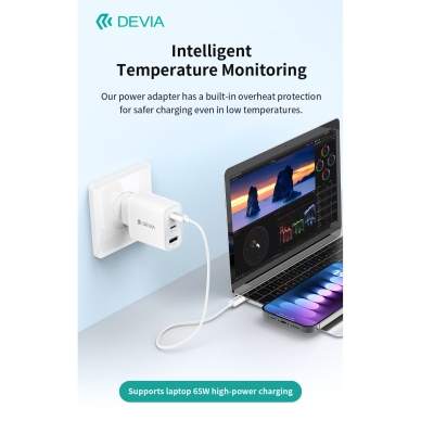 Įkroviklis buitinis su laidu Extreme PD+QC 2xType-C + USB 65W DEVIA 10