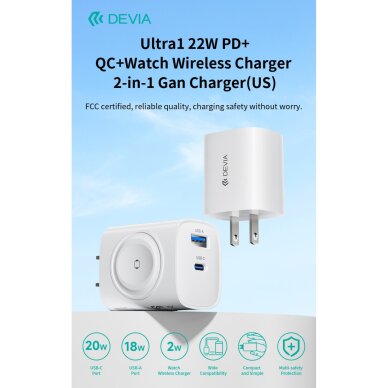 Įkroviklis buitinis PD+QC+Apple Watch USB+TYPE-C 2 in 1 22W DEVIA 5