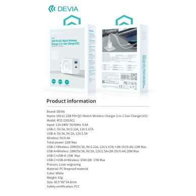 Įkroviklis buitinis PD+QC+Apple Watch USB+TYPE-C 2 in 1 22W DEVIA 12
