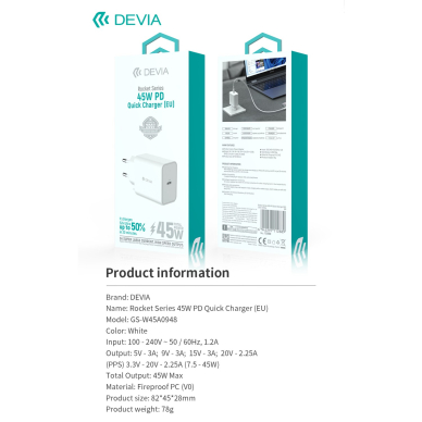 Įkroviklis buitinis ROCKET PD Type-C 45W DEVIA 9