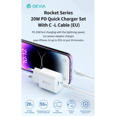 Įkroviklis buitinis Type-C Lightning Rocket PD 20W DEVIA 1