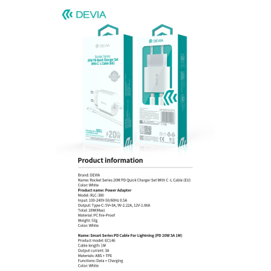 Įkroviklis buitinis Type-C Lightning Rocket PD 20W DEVIA 6
