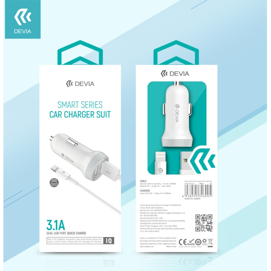 Įkroviklis auto SMART iPhone 5/6/7/8/X/11 3.1A 2USB DEVIA