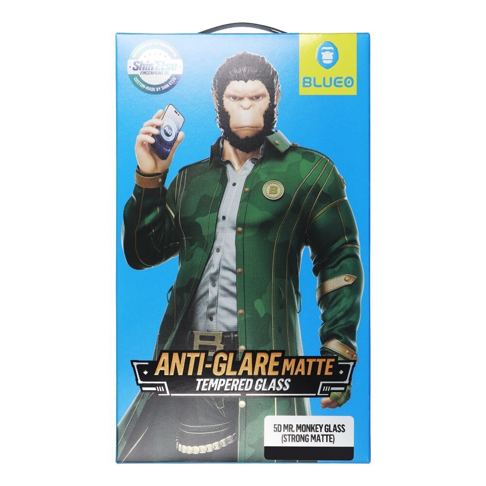 iPhone 13 / 13 PRO / 14 / 16e juodas pilnas Mr.Monkey 5D MATTE stiklas 4