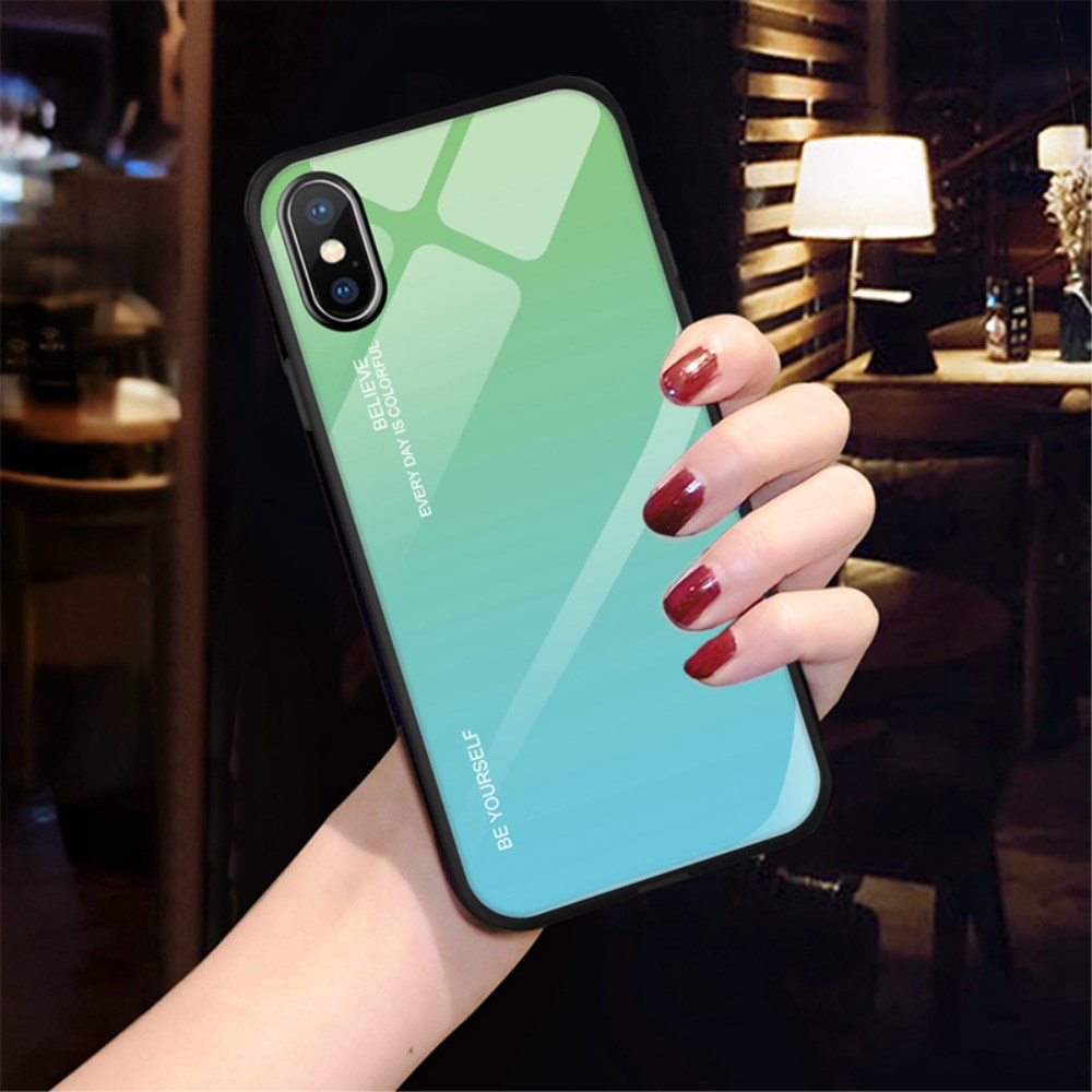 iPhone X/XS žalia+melsva tracy GLASS nugarėlė 1