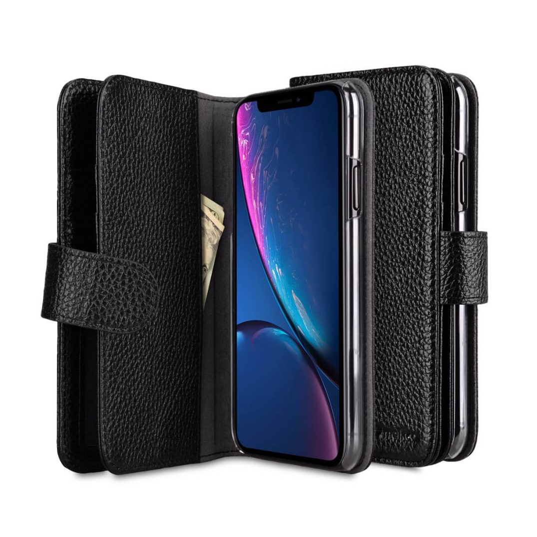 iPhone XR juodas odinis MELKCO WALLET+ BOOK dėklas