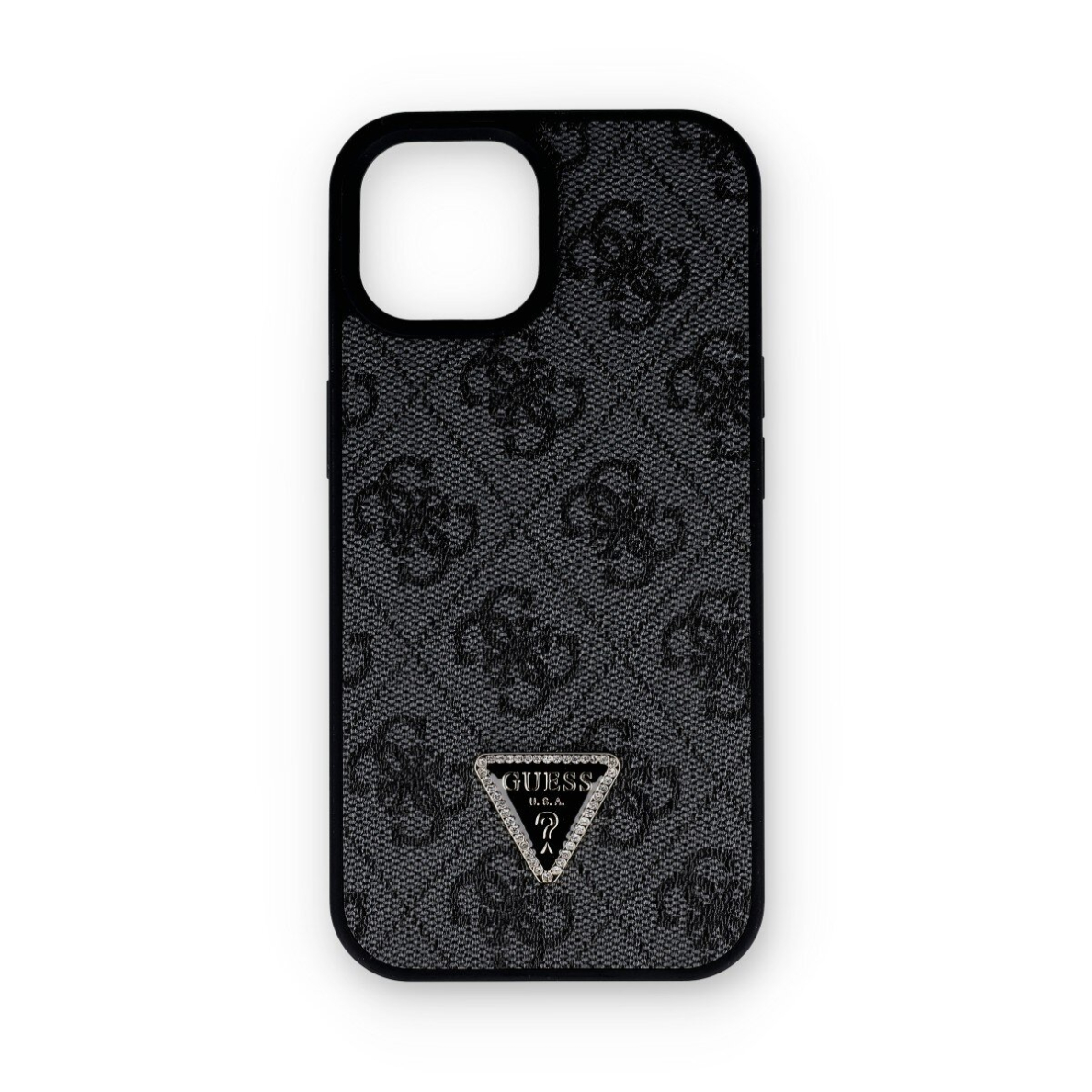 iPhone 15 / 14 / 13 black PU Leather Triangle Strass GUESS nugarėlė