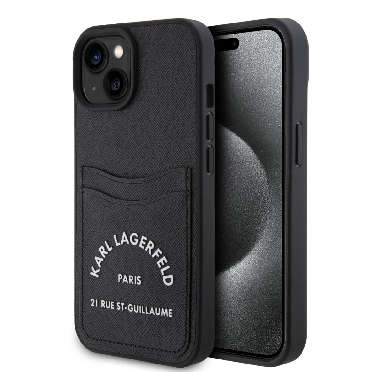 iPhone 15 / 14 / 13 black Saffiano Cardslots RSG 3D Logo KARL LAGERFELD nugarėlė