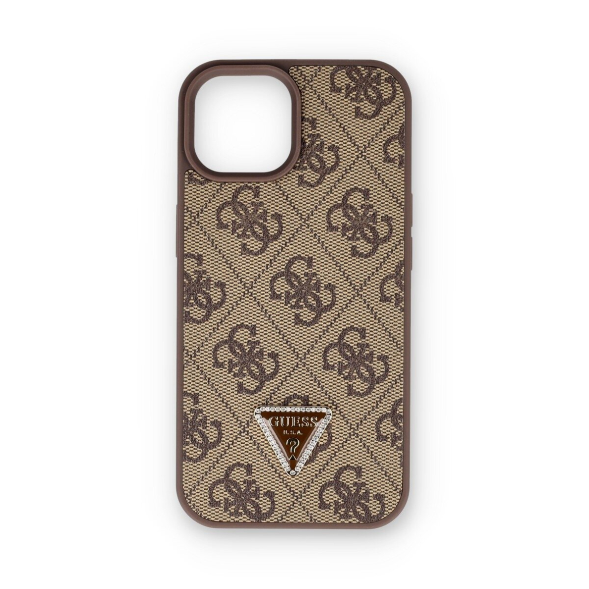 iPhone 15 / 14 / 13 brown PU Leather Triangle Strass GUESS nugarėlė