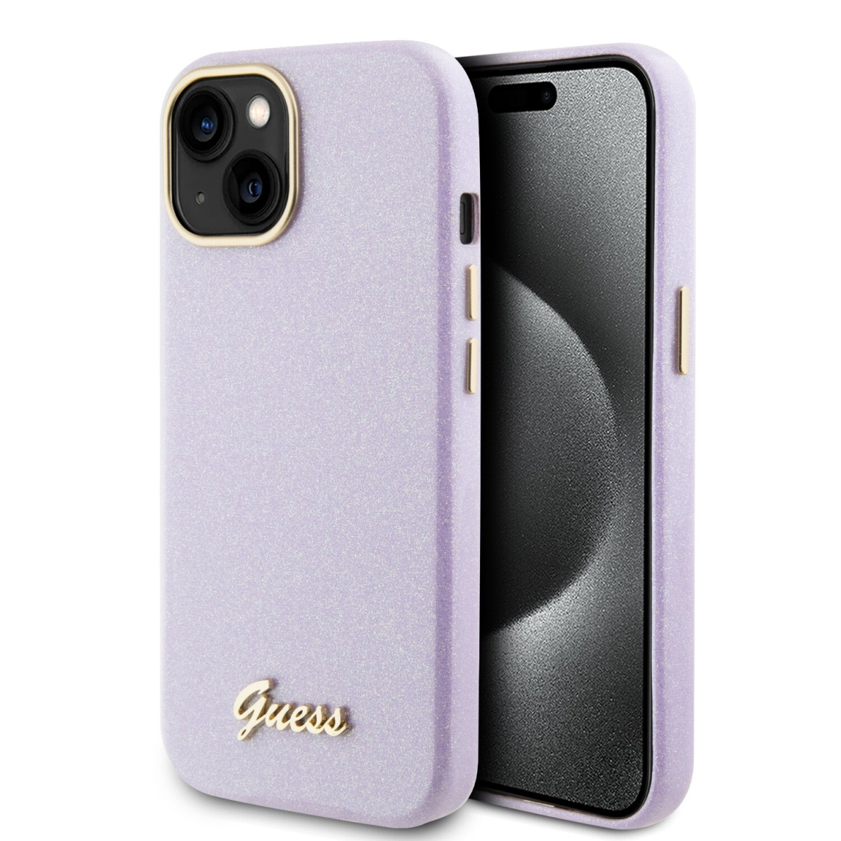 iPhone 15 / 14 / 13 lilac Glitter Glossy Script GUESS nugarėlė 2