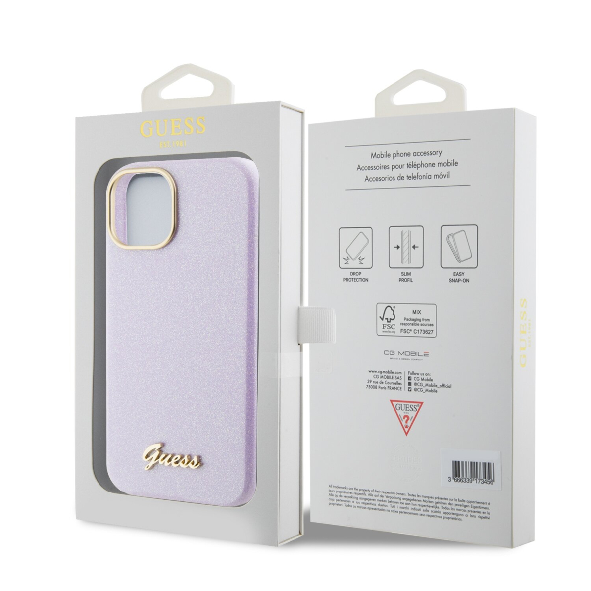 iPhone 15 / 14 / 13 lilac Glitter Glossy Script GUESS nugarėlė 7