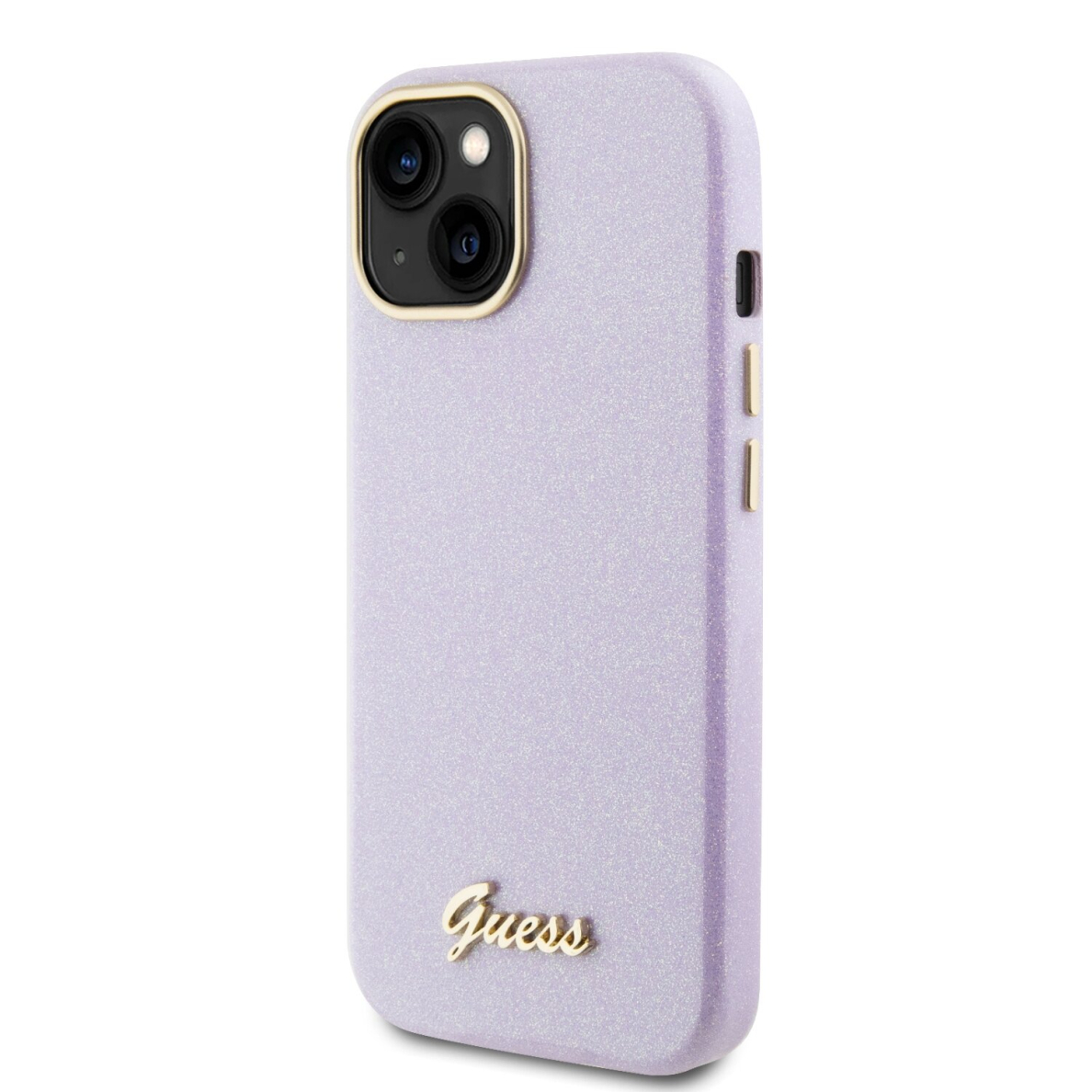 iPhone 15 / 14 / 13 lilac Glitter Glossy Script GUESS nugarėlė 1
