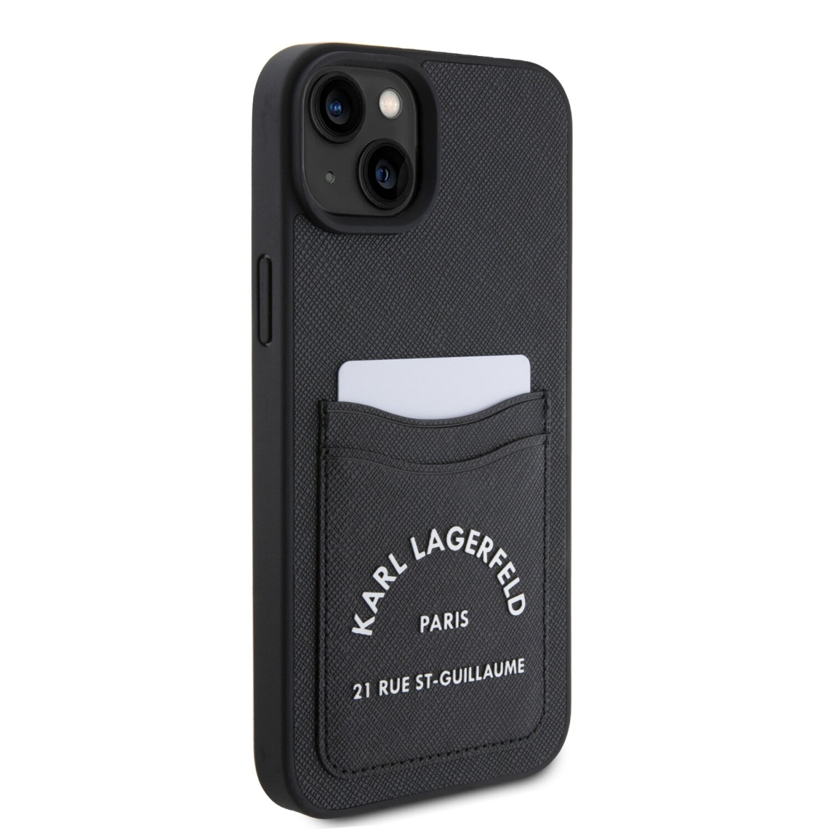 iPhone 15 PLUS black Saffiano Cardslots RSG 3D Logo KARL LAGERFELD nugarėlė 3