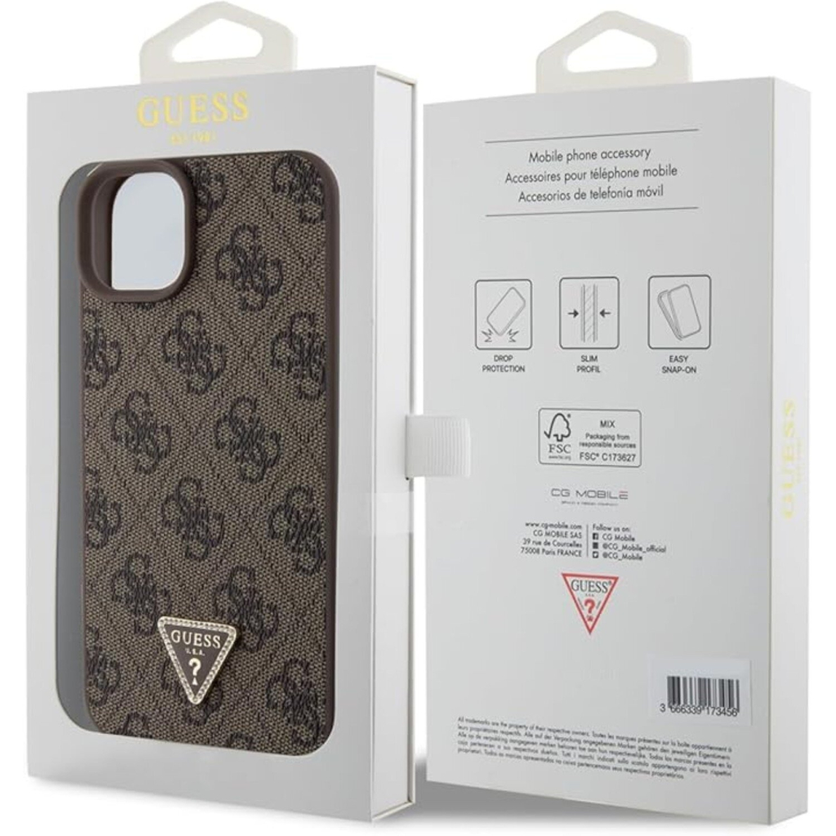 iPhone 15 PLUS brown PU Leather Triangle Strass GUESS nugarėlė 6