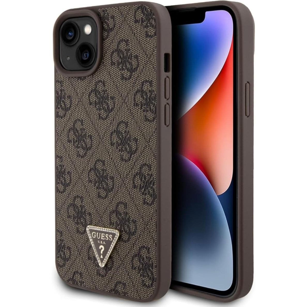 iPhone 15 PLUS brown PU Leather Triangle Strass GUESS nugarėlė